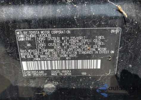 2008 Toyota Rav4 Limited V6 из США, поврежденный, VIN JTMBK31V286030558